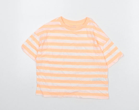 Marks and Spencer Boys Orange Striped Cotton Basic T-Shirt Size 7-8 Years Round Neck Pullover