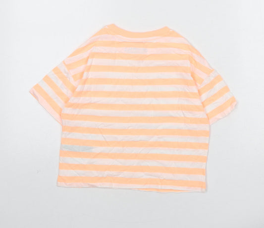 Marks and Spencer Boys Orange Striped Cotton Basic T-Shirt Size 7-8 Years Round Neck Pullover