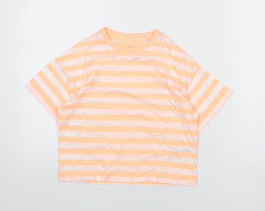Marks and Spencer Boys Orange Striped Cotton Basic T-Shirt Size 8-9 Years Round Neck Pullover