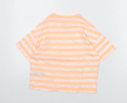 Marks and Spencer Boys Orange Striped Cotton Basic T-Shirt Size 8-9 Years Round Neck Pullover
