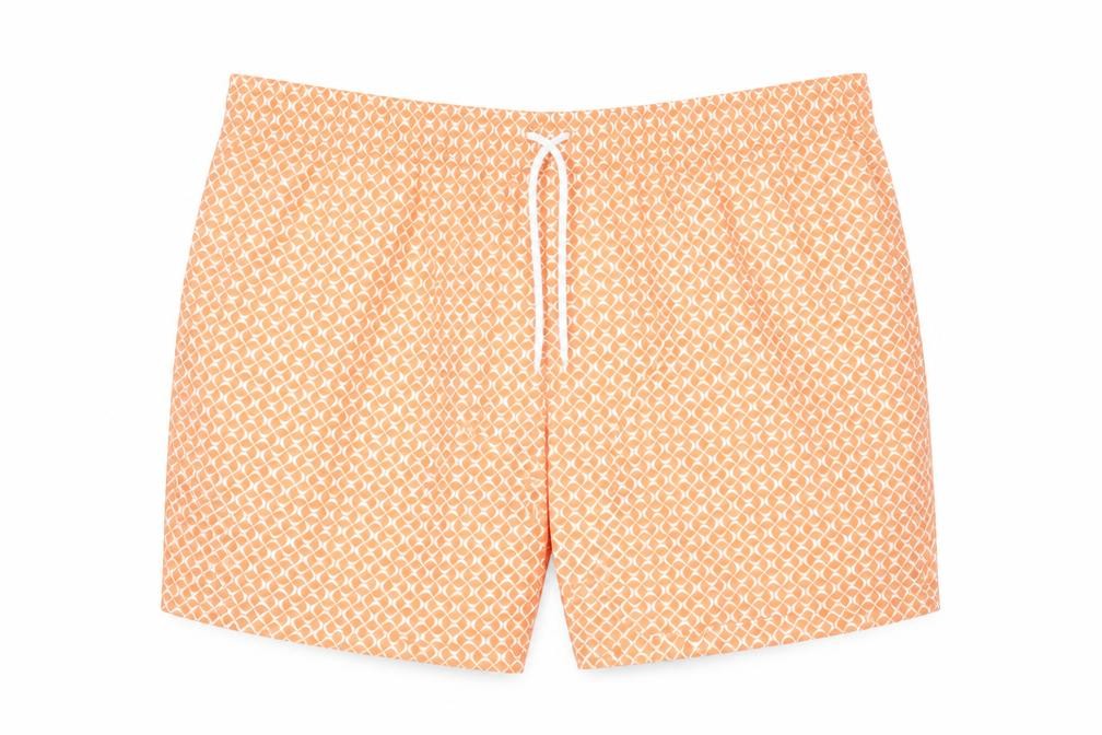 Marks and Spencer Mens Orange Geometric Polyester Bermuda Shorts Size 3XL L6 in Regular Drawstring - Swim Shorts