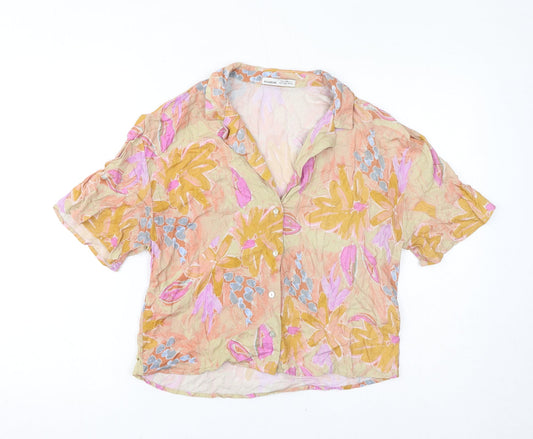 Pull&Bear Womens Multicoloured Geometric Viscose Basic Button-Up Size S V-Neck