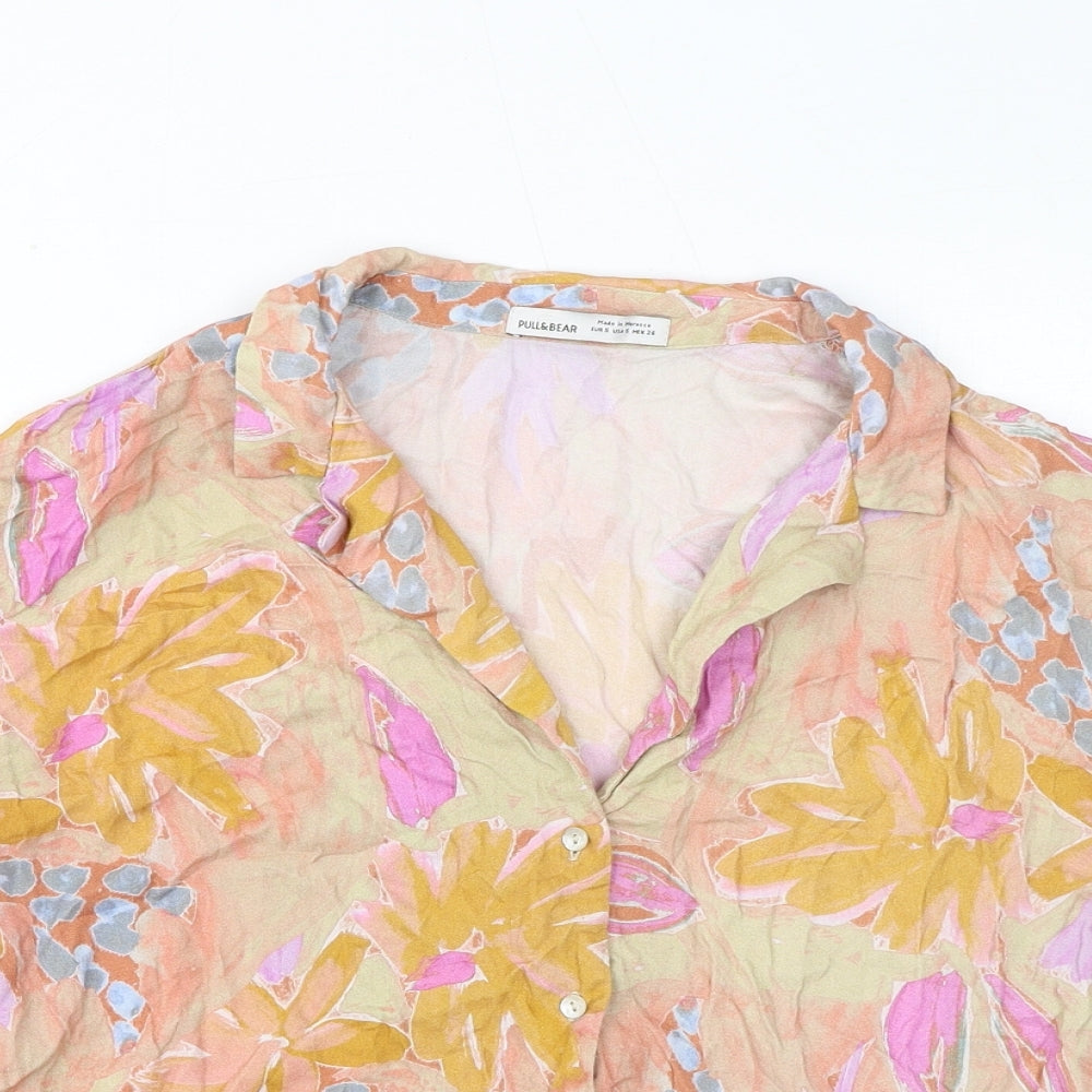 Pull&Bear Womens Multicoloured Geometric Viscose Basic Button-Up Size S V-Neck