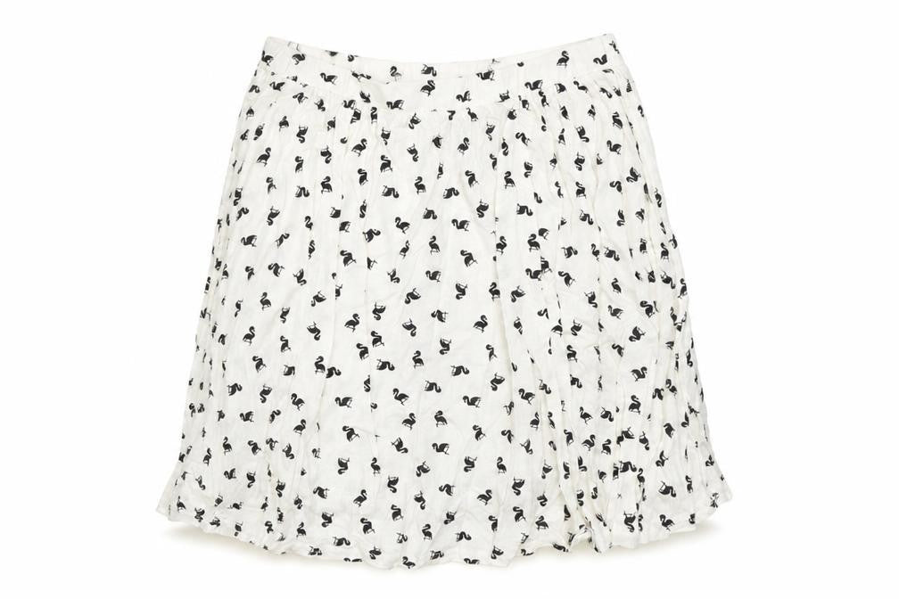 Front view of ASOS women’s white geometric viscose mini skirt, size UK 10, - flamingos