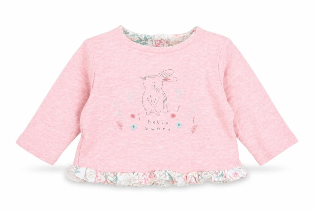 Front view of Mini Club girls’ pink cotton basic t-shirt, size 3-6, months round neck pullover - hello bunny