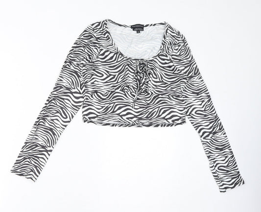 Wednesday's Girl Womens White Animal Print Polyester Basic T-Shirt Size M Round Neck - Zebra, Cropped