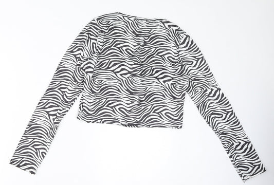 Wednesday's Girl Womens White Animal Print Polyester Basic T-Shirt Size M Round Neck - Zebra, Cropped