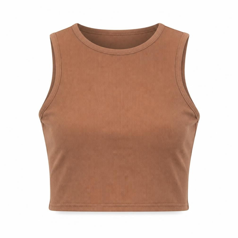 PRETTYLITTLETHING Womens Brown Polyester Cropped T-Shirt Size 10 Round Neck - Ribbed Fabric
