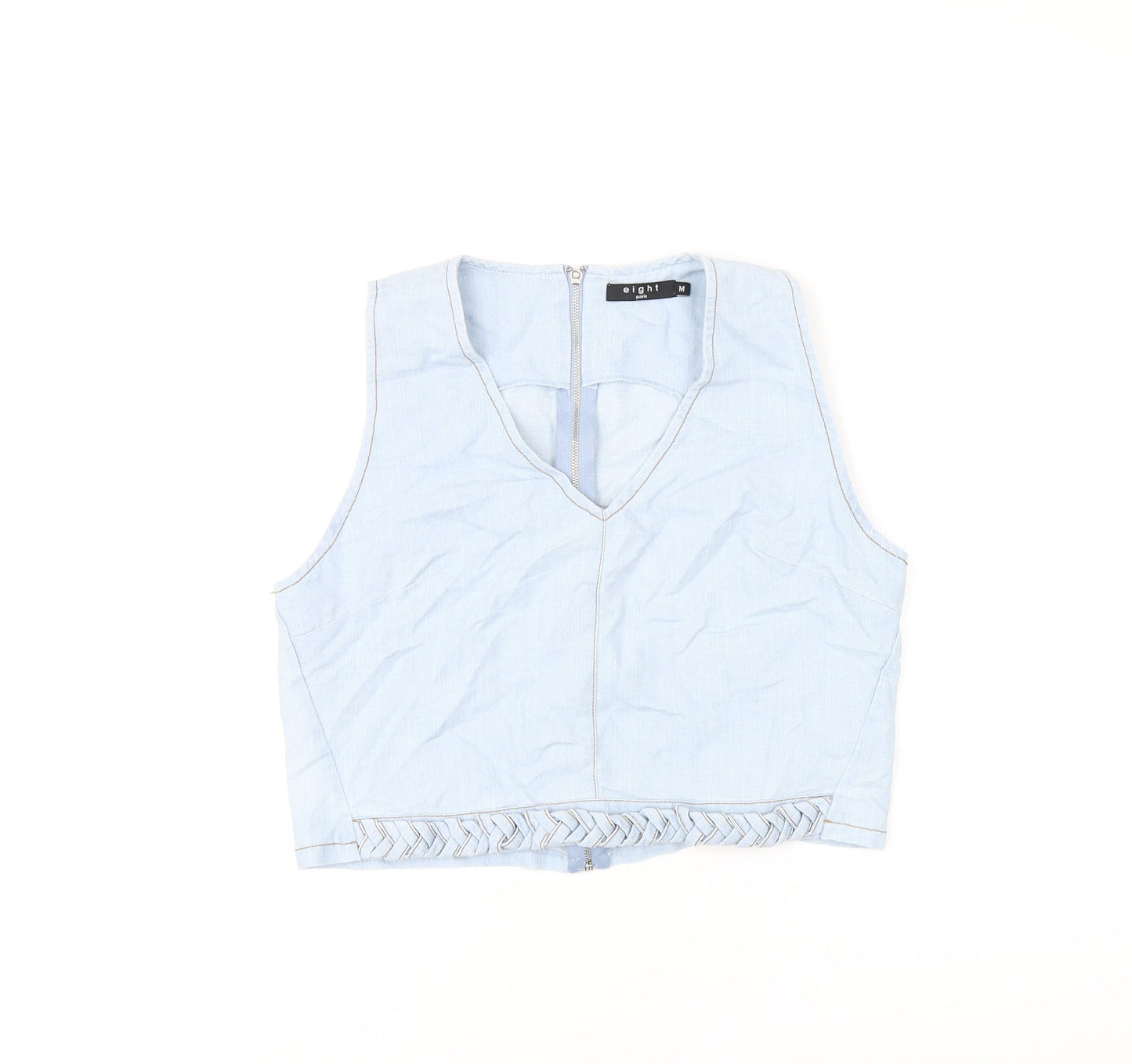 Eight Womens Blue Cotton Cropped T-Shirt Size M V-Neck