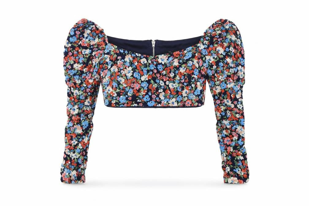 Front view of I SAW IT FIRST women’s blue floral polyester cropped t-shirt, size UK 12, square neck