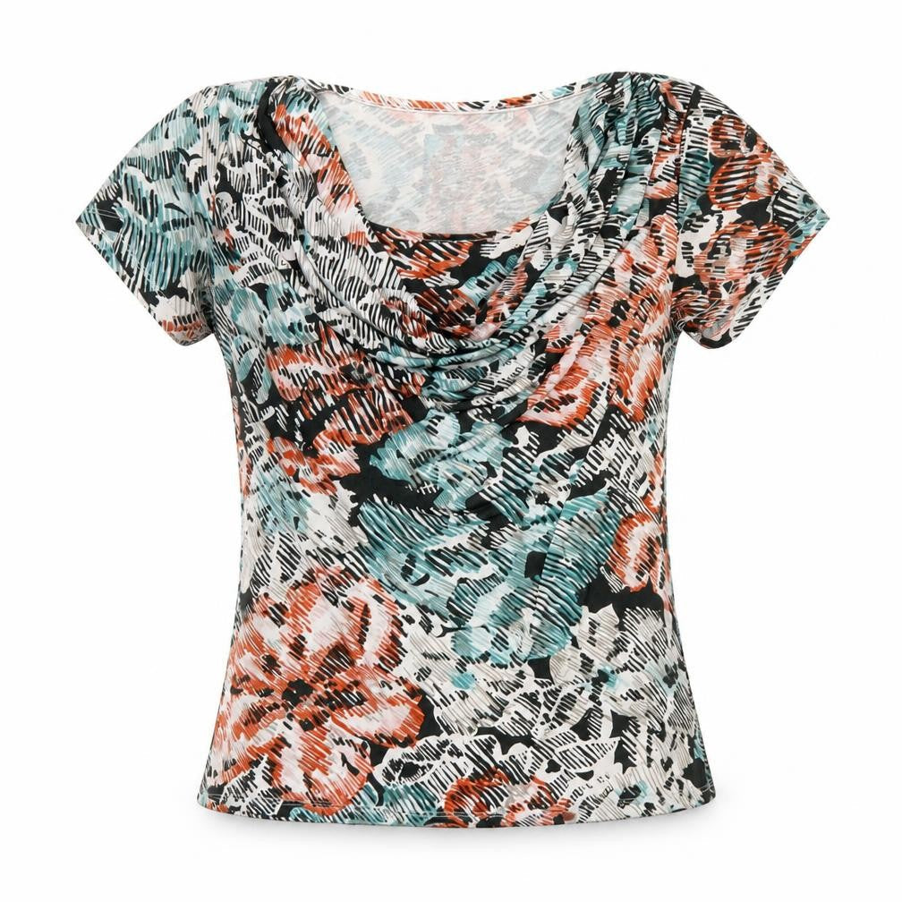 Front view of Betty Jackson Black women’s multicoloured geometric polyester basic t-shirt, size UK 12, cowl neck