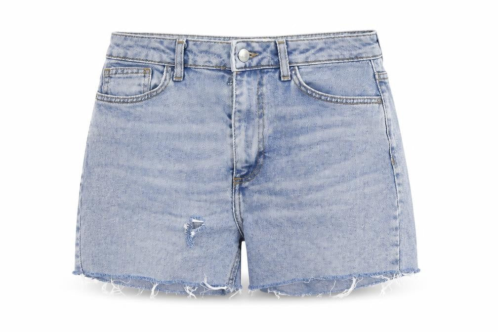 Front view of Denim & Co. women’s blue cotton cut-off shorts, size UK 8, 4-inch leg regular zip - distressed