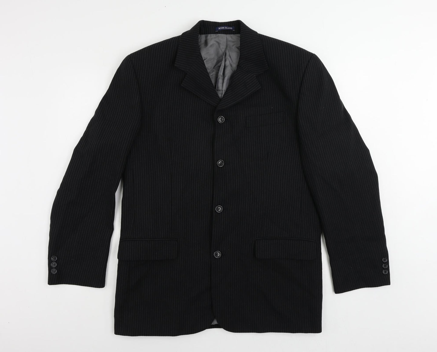 River Island Mens Black Striped Wool Jacket Suit Jacket Size 40 Regular