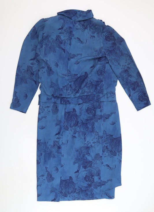 Von Gassler Womens Blue Floral Polyester A-Line Size 12 Cowl Neck Zip - Vintage