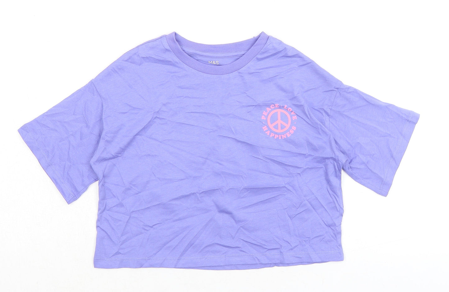 Marks and Spencer Girls Purple Cotton Basic T-Shirt Size 6-7 Years Crew Neck Pullover - Peace Love Happiness