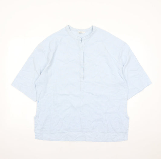 St Michael Womens Blue Linen Basic Blouse Size 14 Round Neck - Vintage