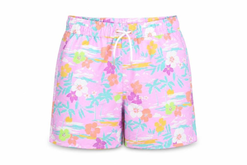 Marks and Spencer Boys Purple Floral Polyester Sweat Shorts Size 7-8 Years Regular Drawstring - Elasticated Waist Swim Shorts