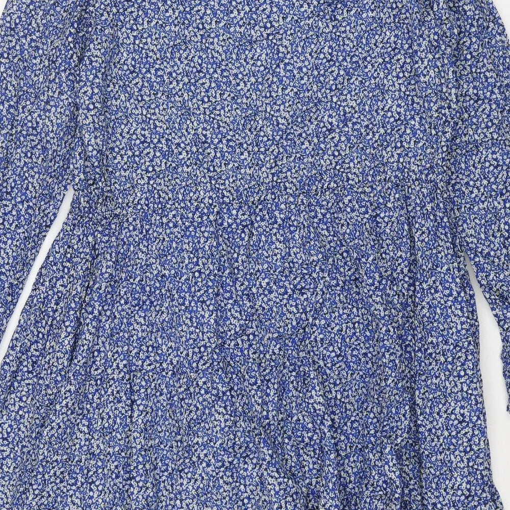 Marks and Spencer Womens Blue Floral Cotton A-Line Size 12 Round Neck Button - Drawstring Waist