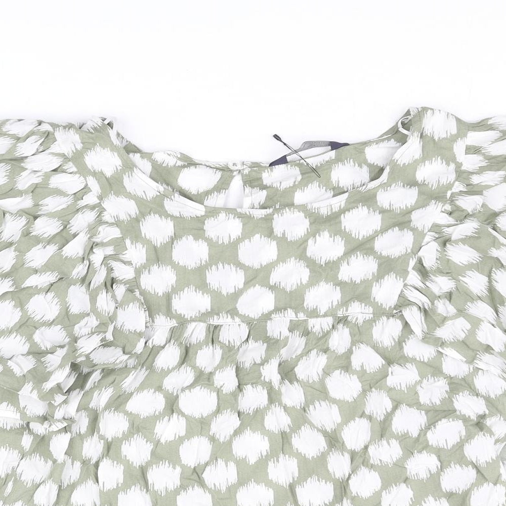 Marks and Spencer Womens Green Geometric Cotton Basic Blouse Size 6 Round Neck - Frill