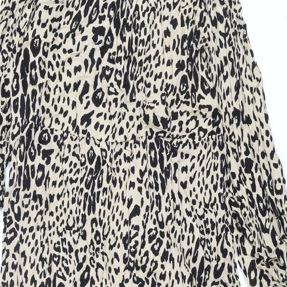 Marks and Spencer Womens Beige Animal Print Viscose Shift Size 12 Round Neck Button - Leopard Print