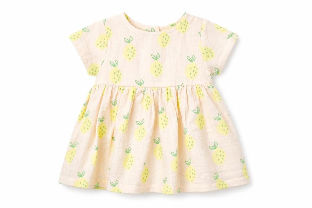 Front view of Marks & Spencer girls’ pink geometric 100% cotton a-line, size 3-6, months round neck button - lemons