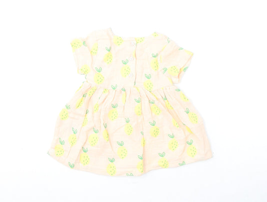 Marks and Spencer Girls Pink Geometric 100% Cotton A-Line Size 3-6 Months Round Neck Button - Lemons
