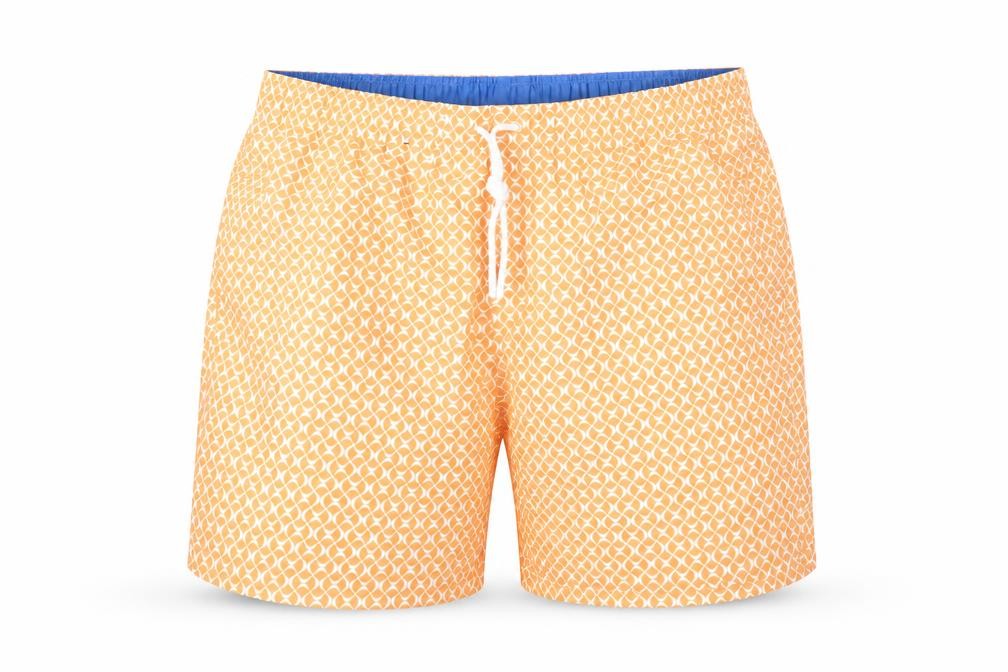 Marks and Spencer Mens Orange Geometric Polyester Bermuda Shorts Size 2XL L6 in Regular Drawstring - Swim Shorts
