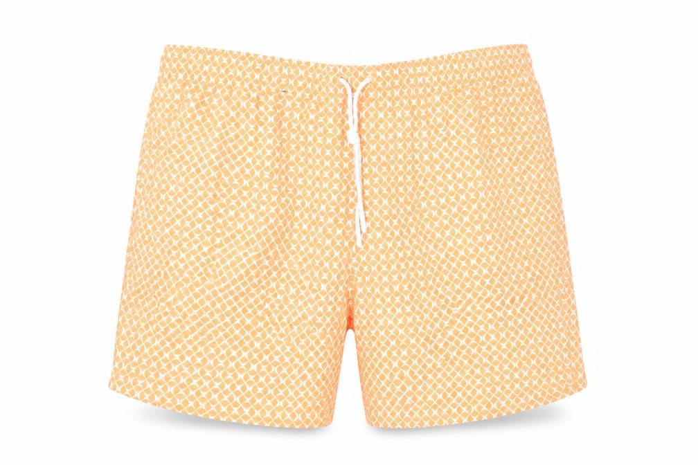 Marks and Spencer Mens Orange Geometric Polyester Bermuda Shorts Size 2XL L6 in Regular Drawstring - Swim Shorts