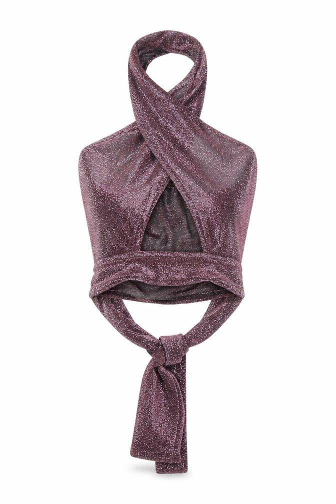 PRETTYLITTLETHING Womens Purple Polyester Cropped T-Shirt Size 4 Halter - Tie Detail, Glittery, Plunging Neckline