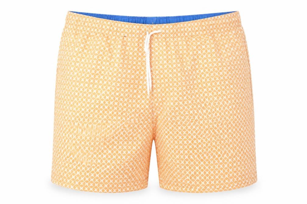 Marks and Spencer Mens Orange Geometric Polyester Bermuda Shorts Size 3XL L6 in Regular Drawstring - Swim Shorts
