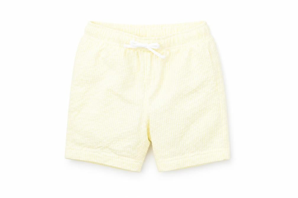Front view of Marks & Spencer boys’ yellow striped cotton cropped trousers, size 12-18, months drawstring - swim shorts