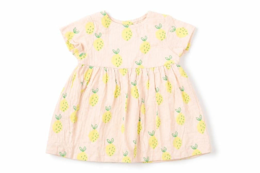 Front view of Marks & Spencer girls’ pink geometric cotton a-line, size 3-6, months round neck button - lemons