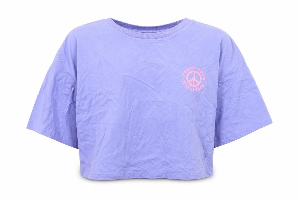 Front view of Marks & Spencer girls’ purple polyester cropped t-shirt, years round neck pullover - peace love happiness