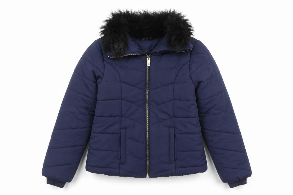 Front view of H&M girls’ blue puffer jacket coat, size 11-12, years zip