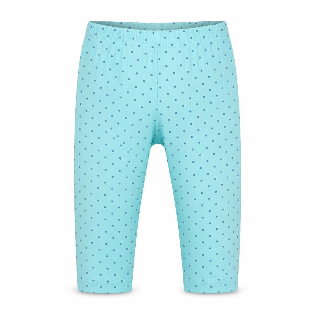 Front view of Mini Club girls’ blue polka dot cotton pedal pusher leggings, size 12-18, months
