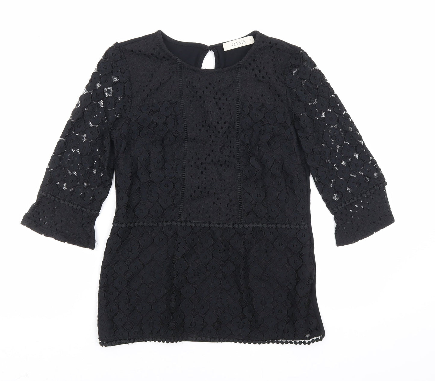 Oasis Womens Black Floral Polyamide Basic Blouse Size XS Round Neck