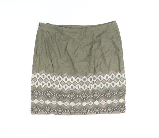 Monsoon Womens Green Geometric Cotton A-Line Skirt Size 14 Zip