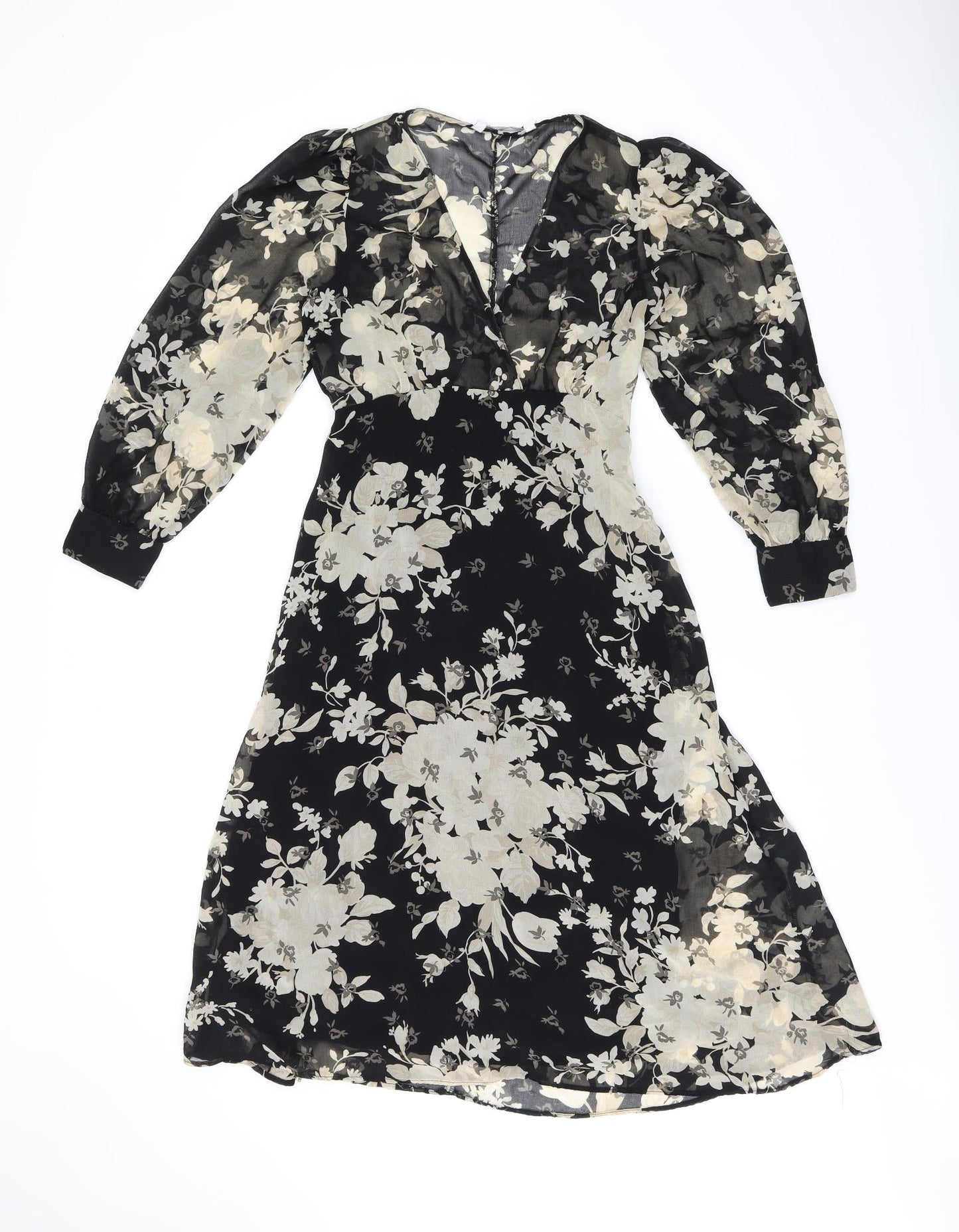 Zara Womens Black Floral Polyester A-Line Size XS V-Neck Zip