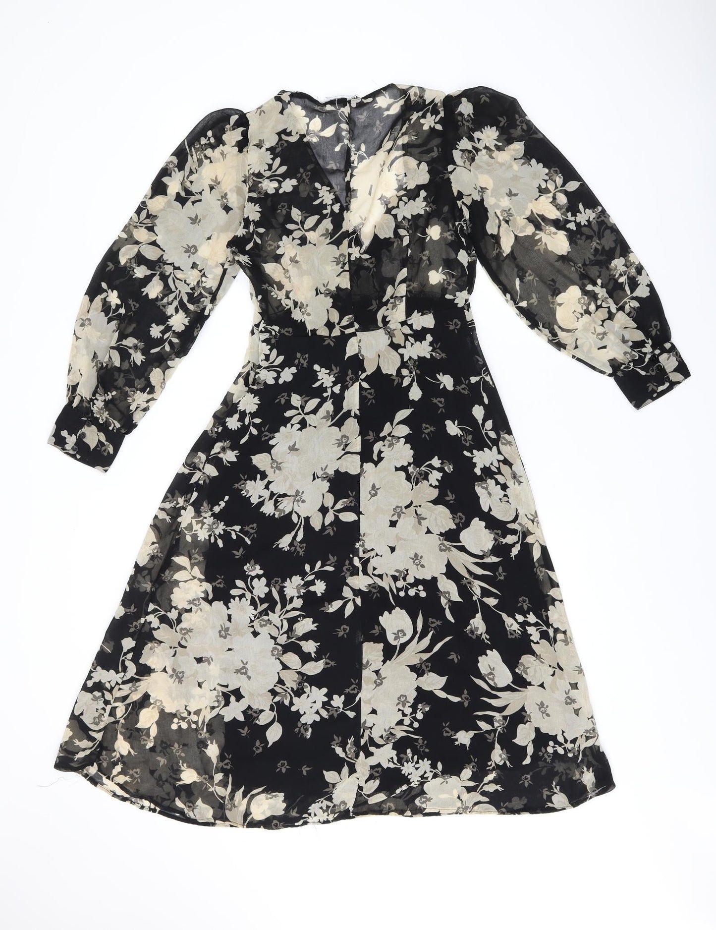 Zara Womens Black Floral Polyester A-Line Size XS V-Neck Zip