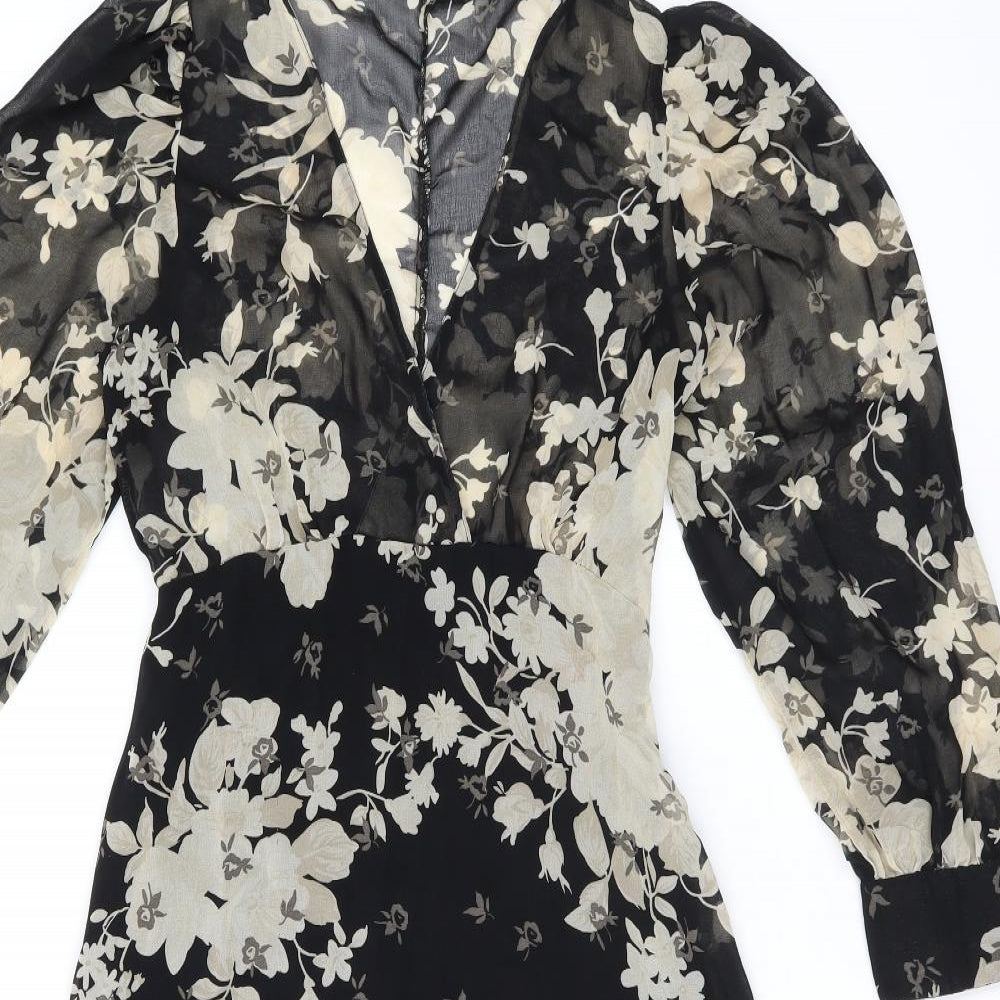 Zara Womens Black Floral Polyester A-Line Size XS V-Neck Zip