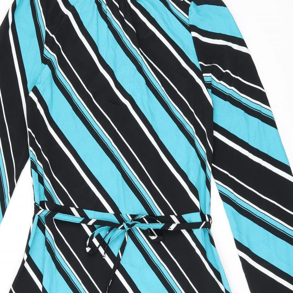 Marks and Spencer Womens Blue Striped Polyester A-Line Size 8 Round Neck Button - Belted