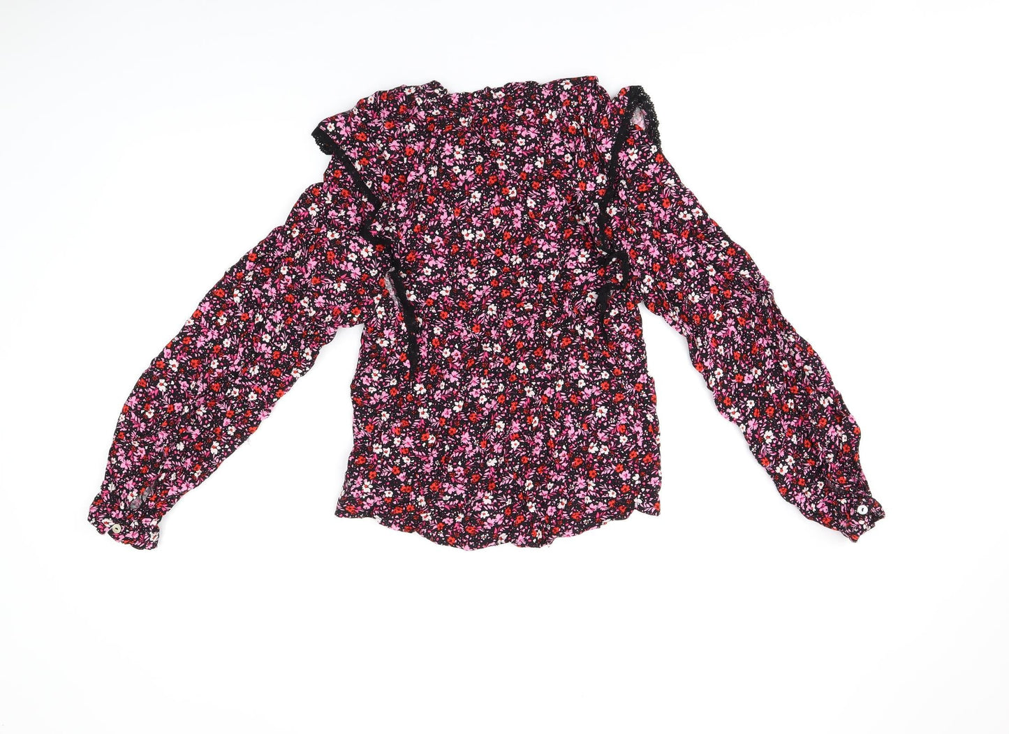Marks and Spencer Womens Black Floral Viscose Basic T-Shirt Size 6 V-Neck