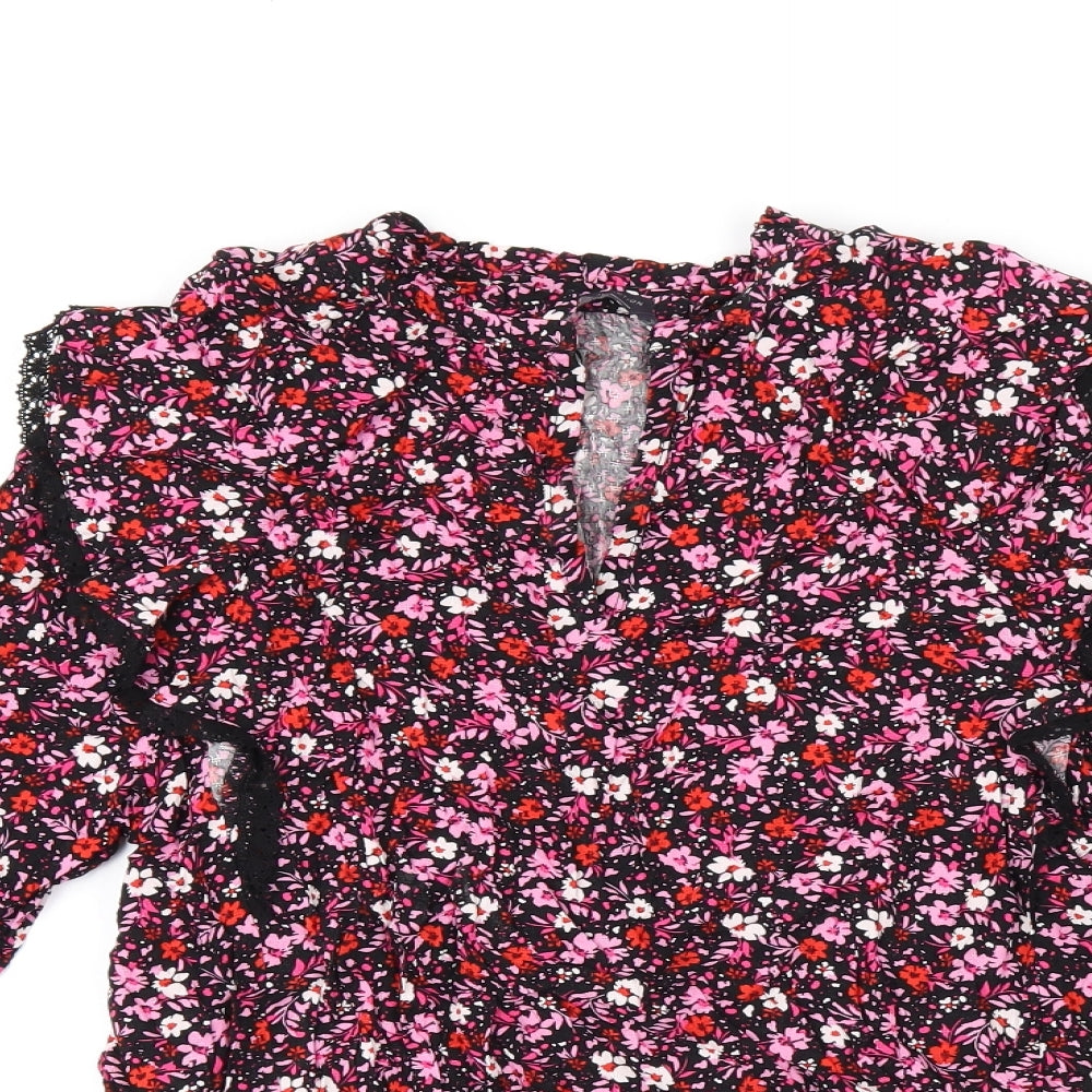 Marks and Spencer Womens Black Floral Viscose Basic T-Shirt Size 6 V-Neck