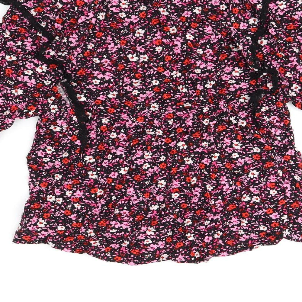 Marks and Spencer Womens Black Floral Viscose Basic T-Shirt Size 6 V-Neck
