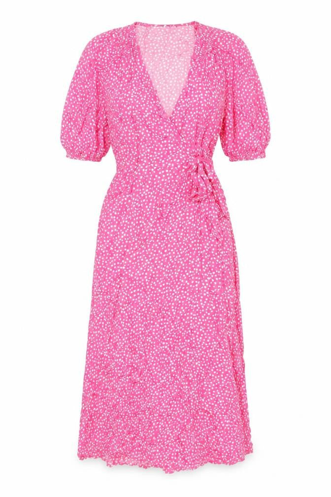 Marks and Spencer Womens Pink Geometric Viscose Wrap Dress Size 6 V-Neck Tie