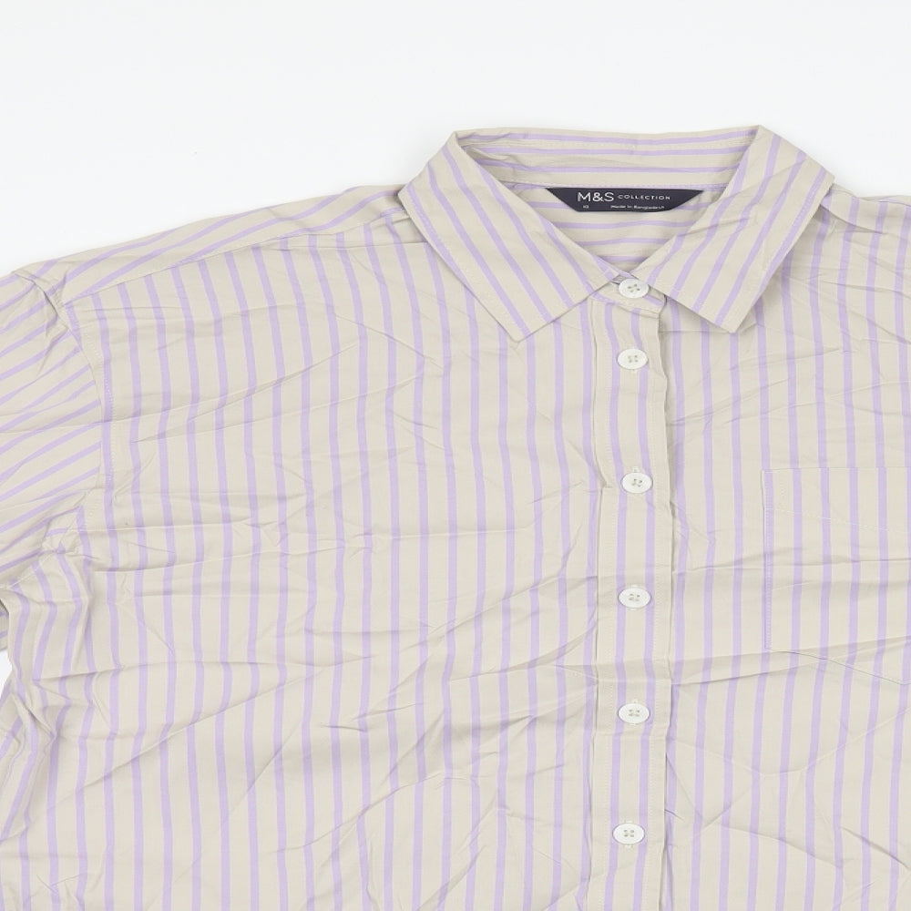 Marks and Spencer Womens Grey Striped Cotton Basic Button-Up Size 10 Collared