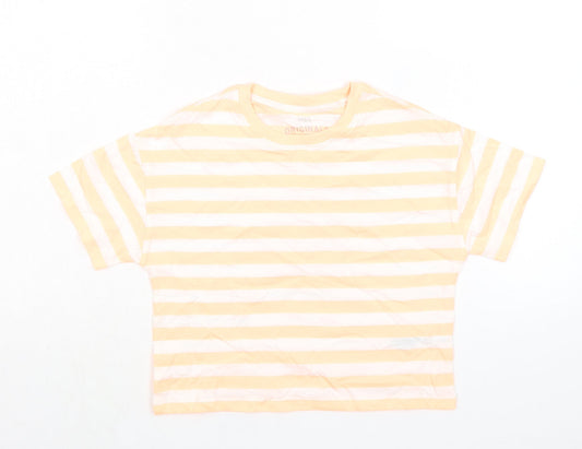 Marks and Spencer Girls Orange Striped Cotton Basic T-Shirt Size 7-8 Years Round Neck Pullover