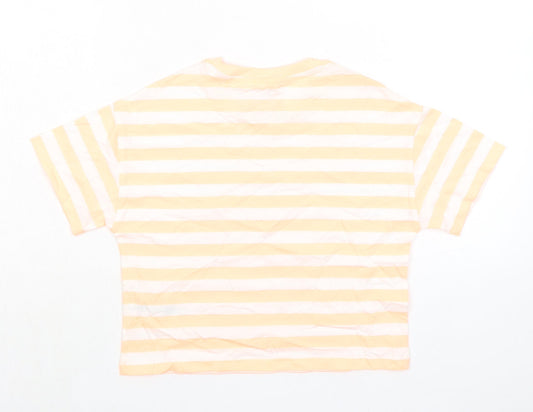 Marks and Spencer Girls Orange Striped Cotton Basic T-Shirt Size 7-8 Years Round Neck Pullover
