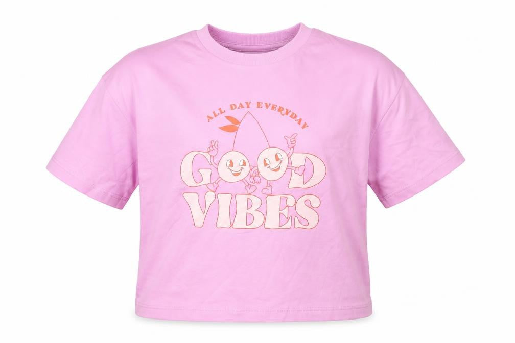 Front view of Marks & Spencer girls’ pink 100% cotton basic t-shirt, size 6-7, years round neck - good vibes