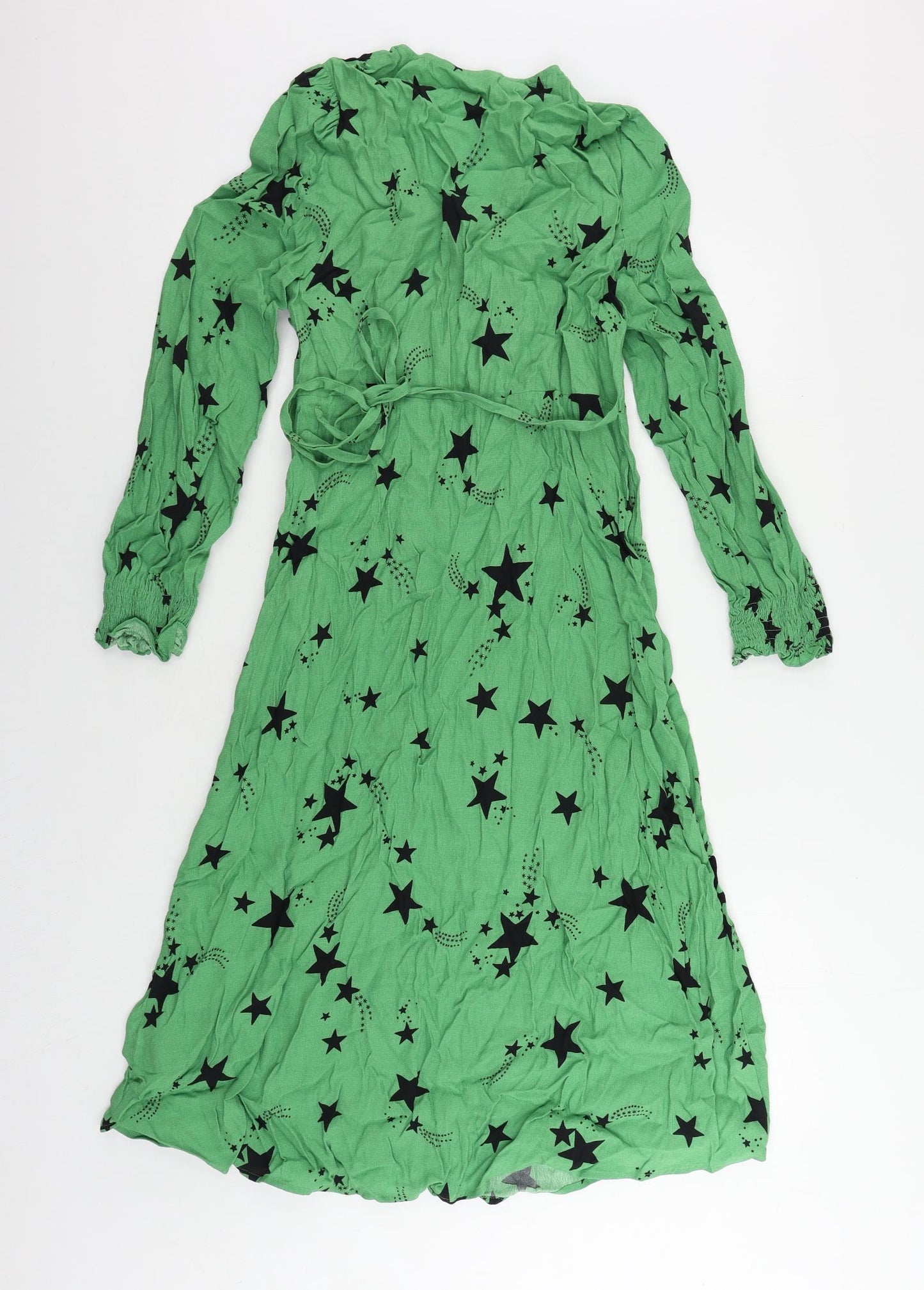 Marks and Spencer Womens Green Geometric Viscose A-Line Size 10 V-Neck Zip - Star Print